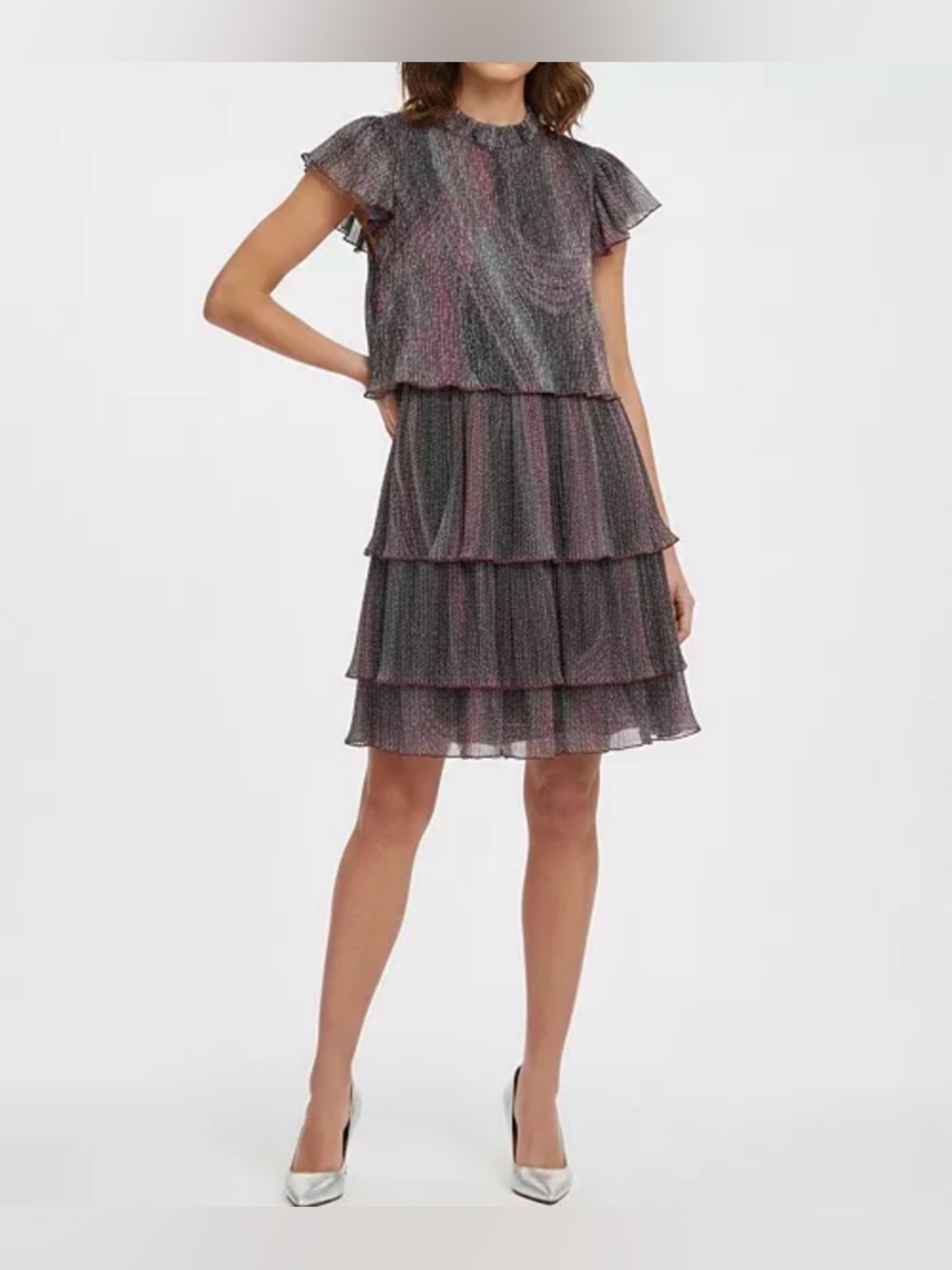 NWT Vince Camuto Tiered Metallic Cribkle Dress